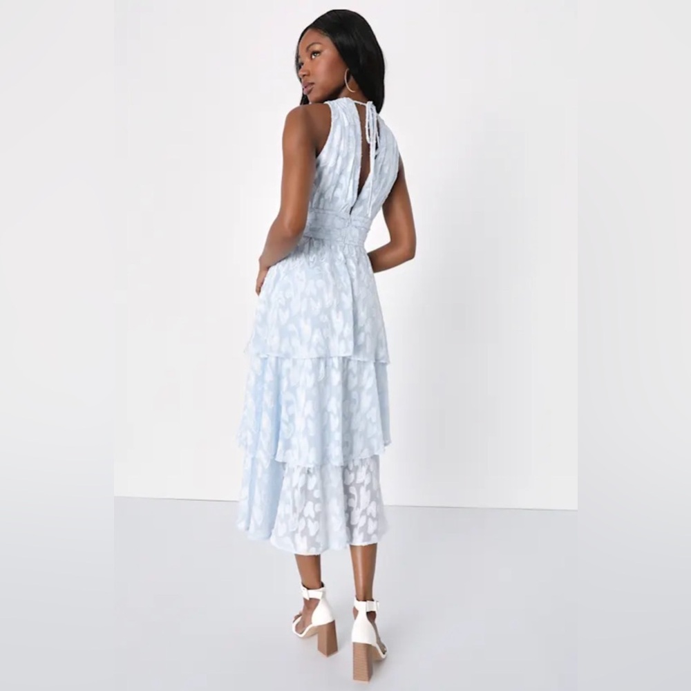 Lulus NWT “Make It Mesmerizing” Light Blue Jacquard Tiered Mini Dress Size Small - Picture 3 of 12